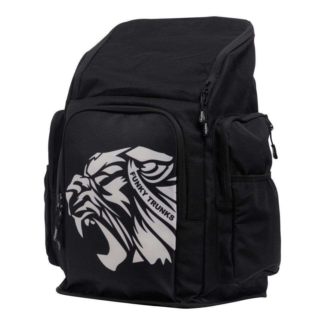 Black swimming backpack with a white tiger logo and 'Funky Trunks' text on a white background