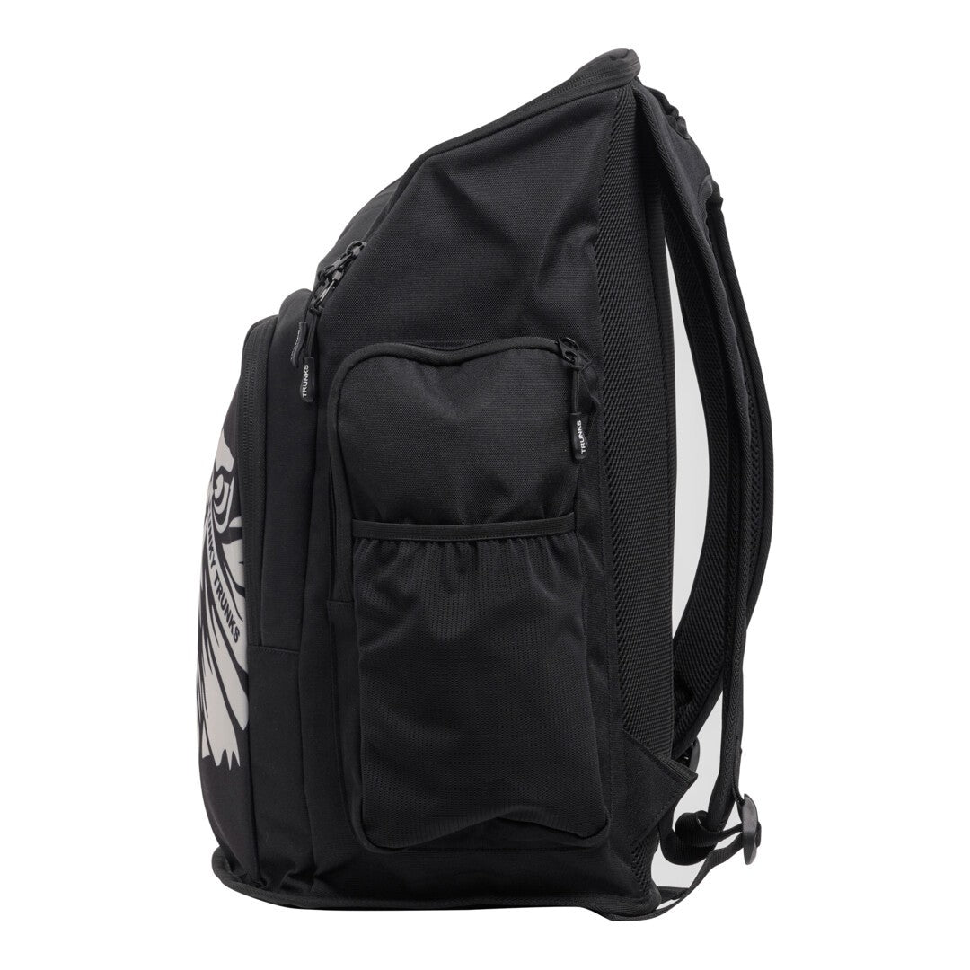 Side view of a black swimming backpack with a white tiger logo, side water bottle holder and 'Funky Trunks' text on a white background