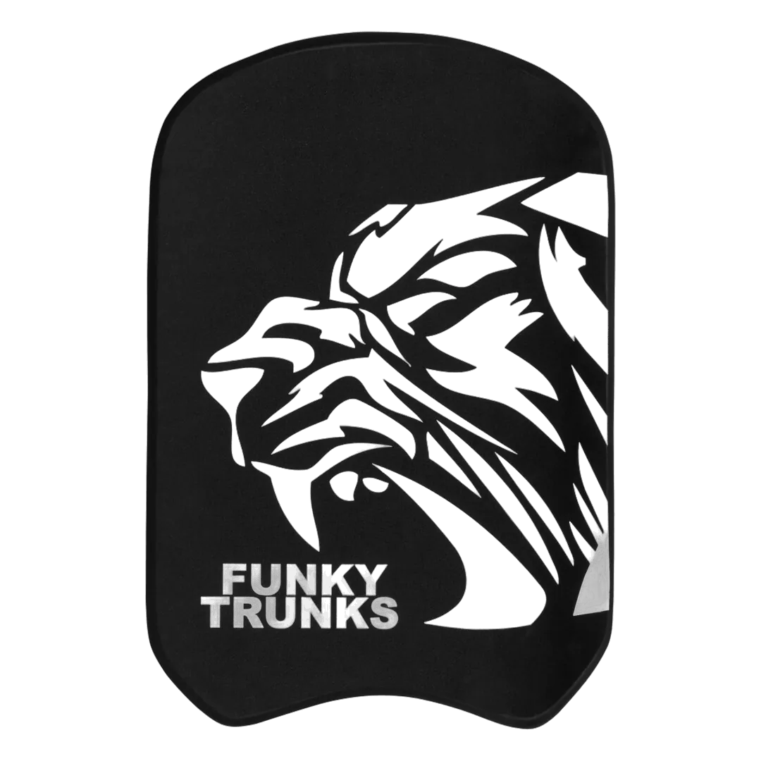 Black kickboard with white lion design and 'Funky Trunks' text on a white background