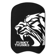 Black kickboard with white lion design and 'Funky Trunks' text on a white background