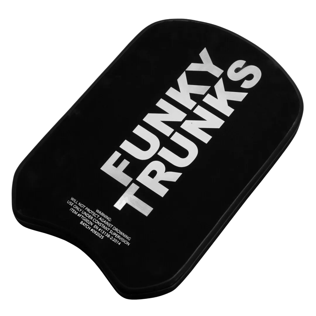 Black kickboard with 'Funky Trunks' text in white on a white background