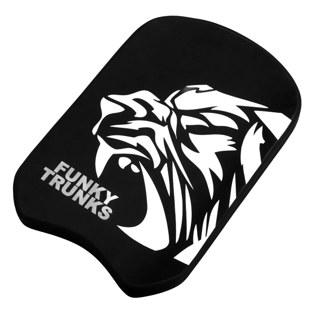 Black kickboard with white lion design and 'Funky Trunks' text on a white background