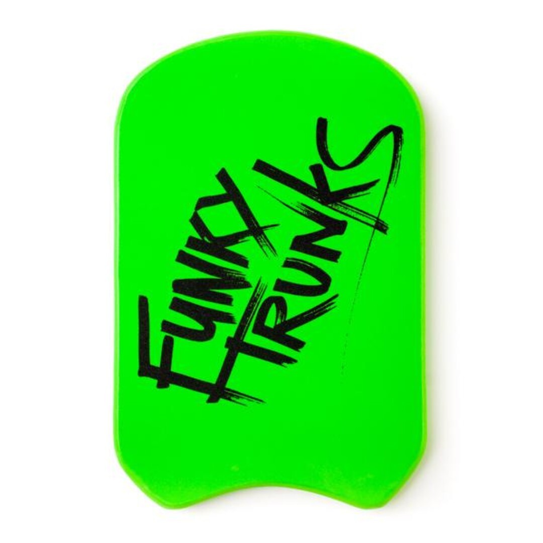 Fluro green foam swimming kickboard with 'Funky Trunks' logo on a white background