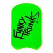 Fluro green foam swimming kickboard with 'Funky Trunks' logo on a white background