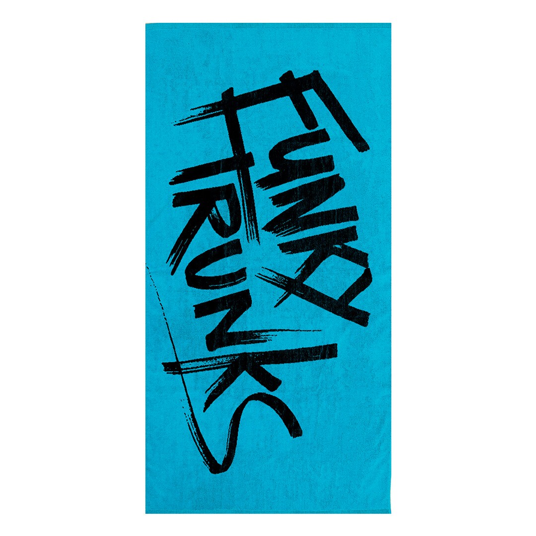 Blue towel with 'Funky Trunks' text in black on a white background