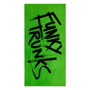 Green towel with 'Funky Trunks' text in black on a white background