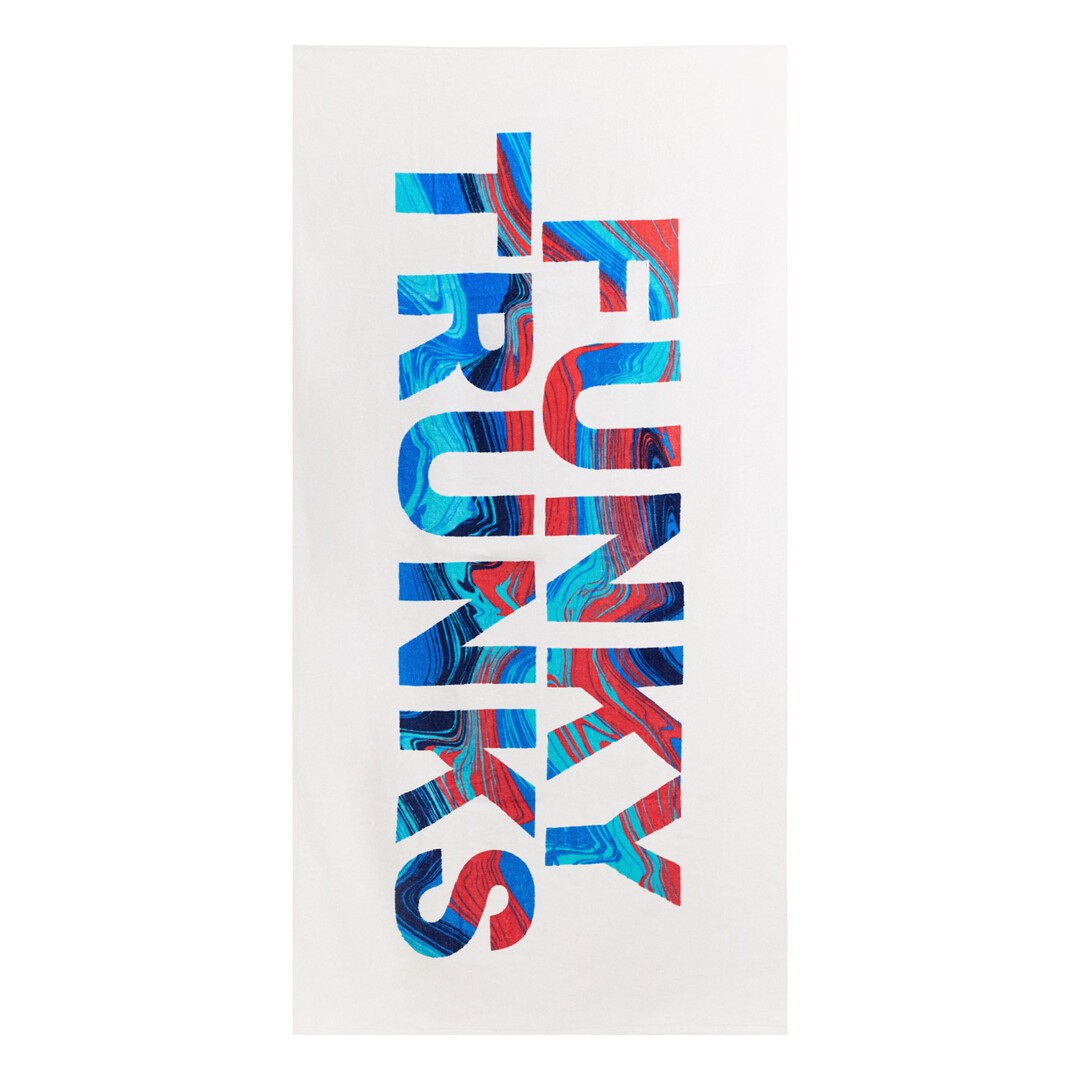 Colourful red and blue 'Funky Trunks' text design on a white towel