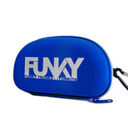 Blue goggle case with 'Funky' branding on a white background