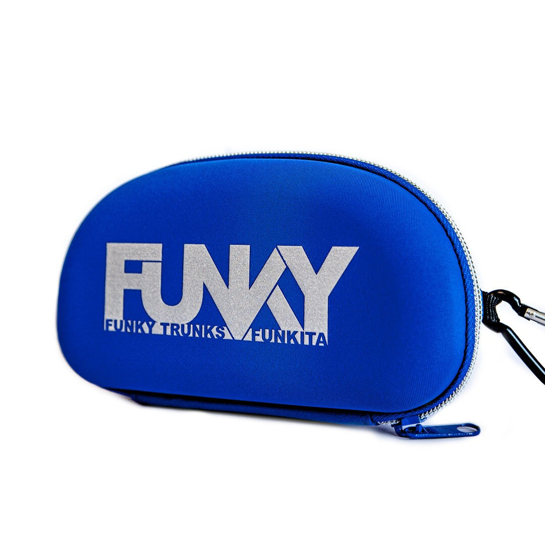 Blue goggle case with 'Funky' branding on a white background
