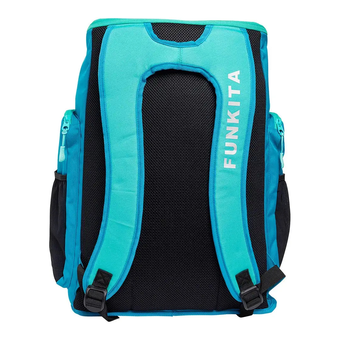 Mint coloured Space Case Backpack with padded shoulder straps and 'Funkita' branding.