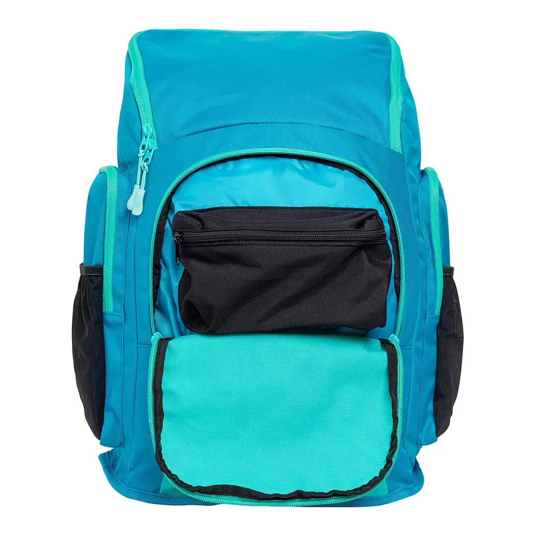 Mint coloured Space Case Backpack with the front compartment opened, padded shoulder straps and 'Funkita' branding.
