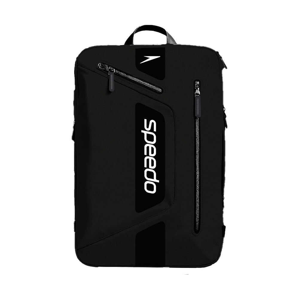 Black Speedo backpack with front zips on a white background