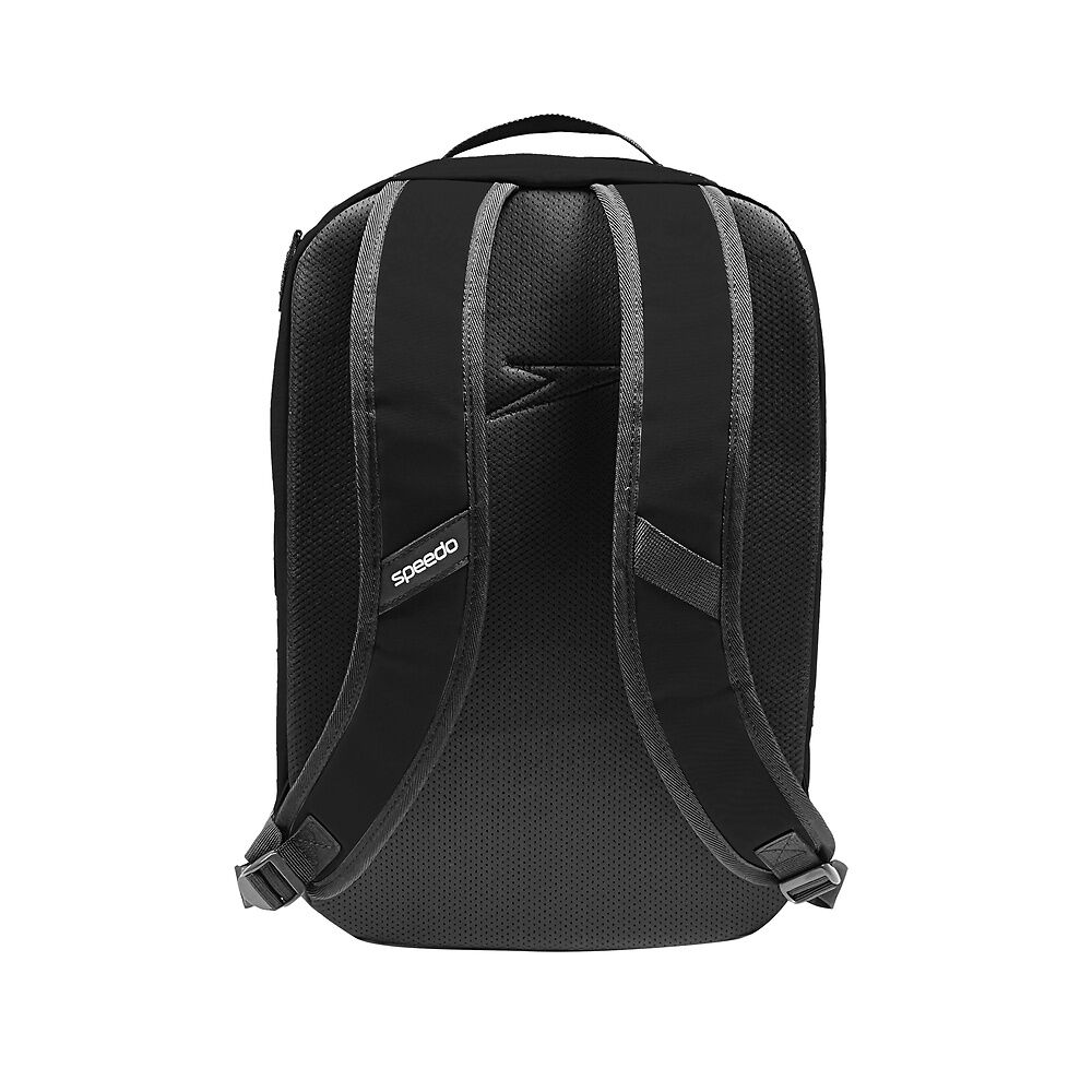 Back view of a black Speedo backpack with a visible brand logo and should straps on a white background