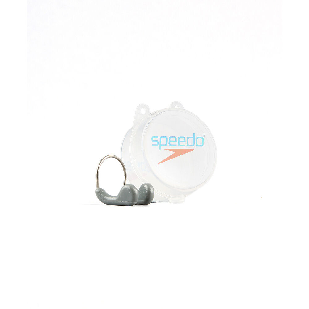 A Speedo competition nose clip in graphite grey color with soft silicone pads, memory plastic frame, and a reusable case.