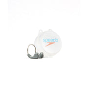 A Speedo competition nose clip in graphite grey color with soft silicone pads, memory plastic frame, and a reusable case.