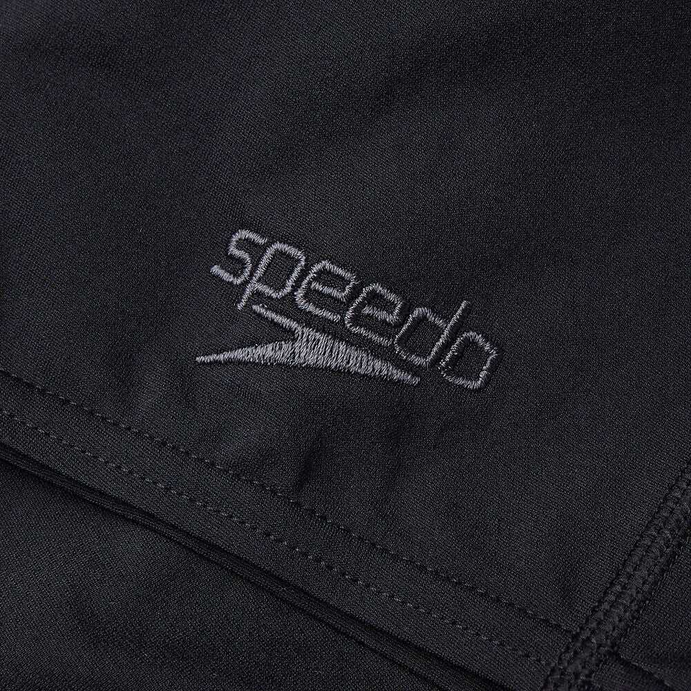 Black Speedo jammers showing the Speedo logo.