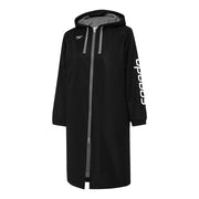 Black swimming deck coat with grey accents and 'Speedo' brand logo on a white background