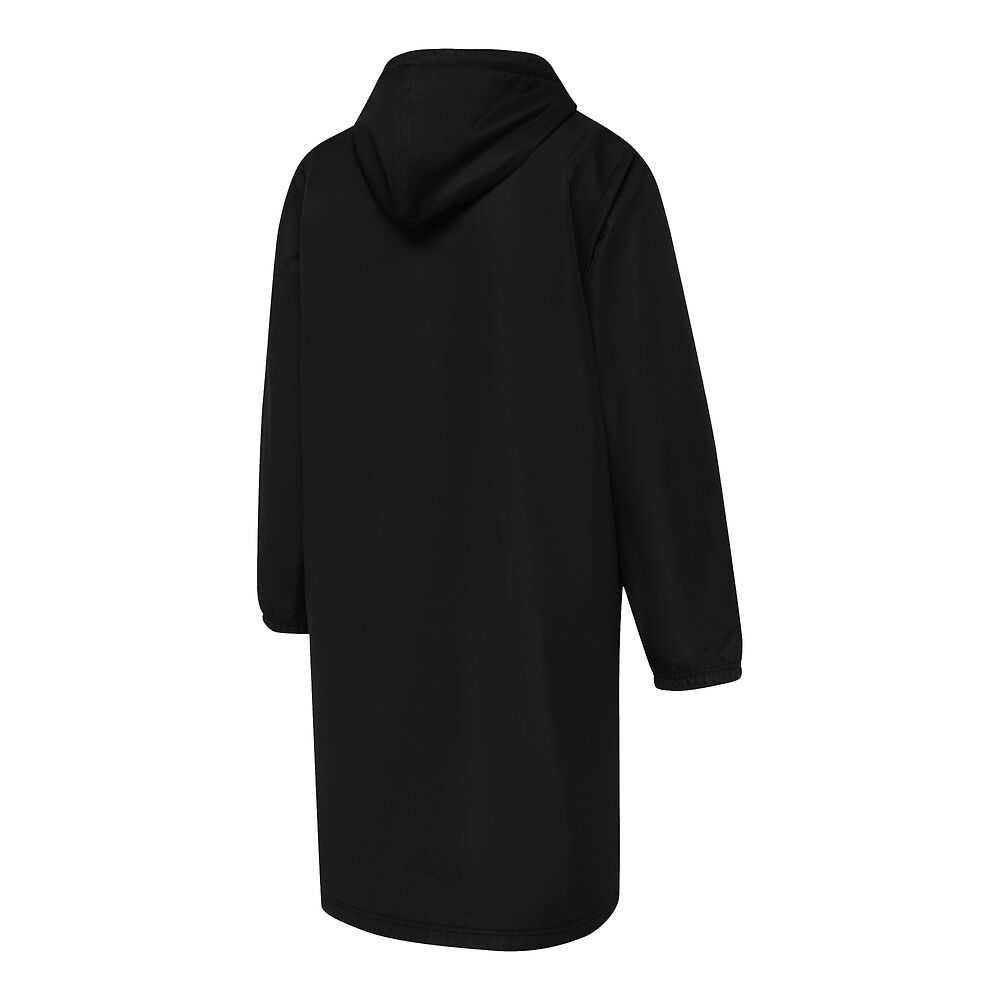 Back view of black swimming deck coat with grey accents, hood and 'Speedo' brand logo on a white background
