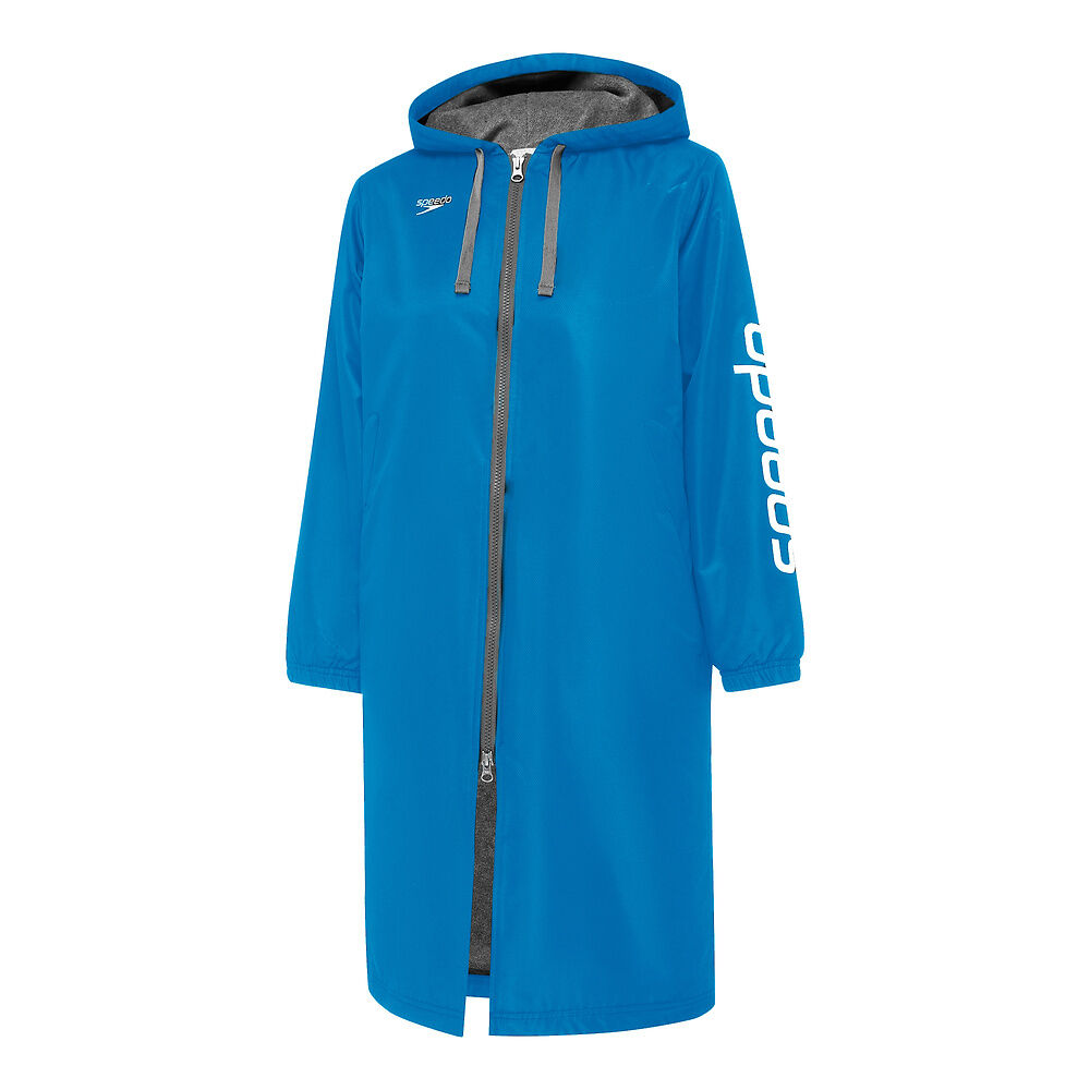 Blue swimming deck coat with grey accents and 'Speedo' brand logo on a white background
