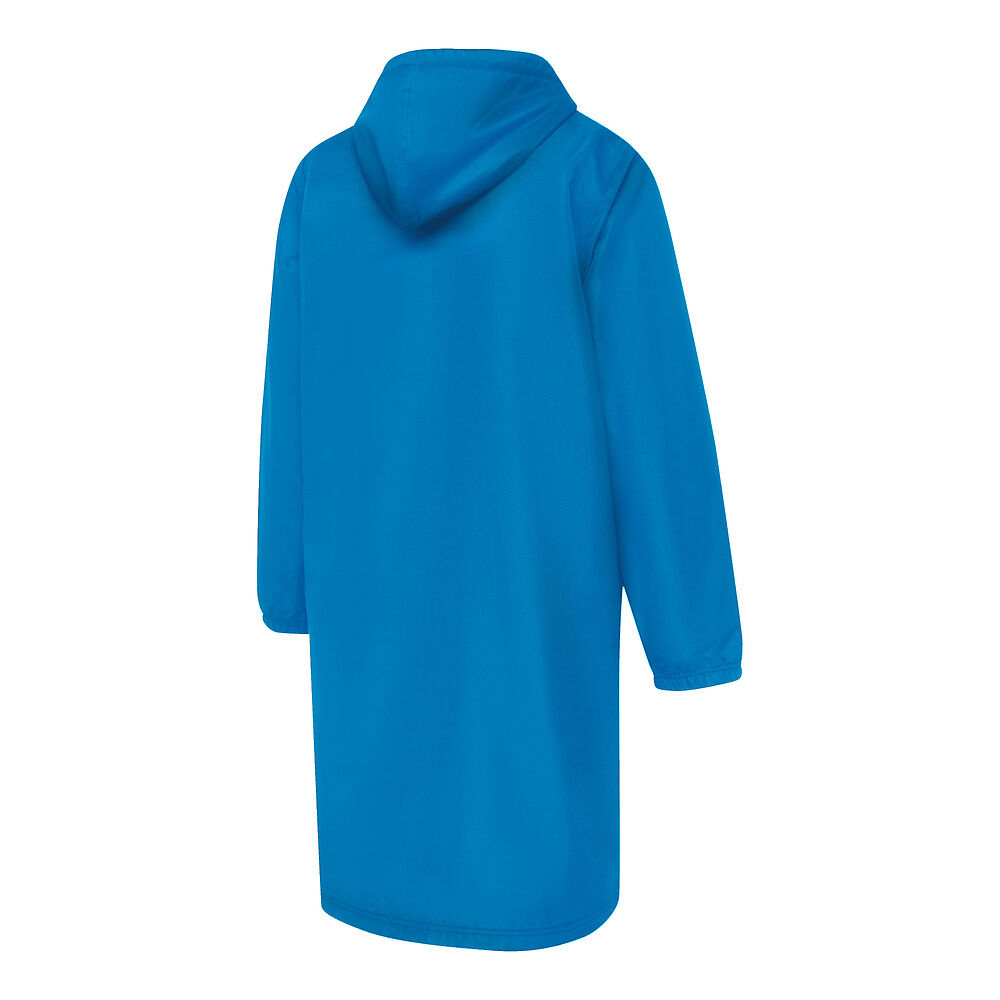 Back view of blue swimming deck coat with grey accents, hood and 'Speedo' brand logo on a white background