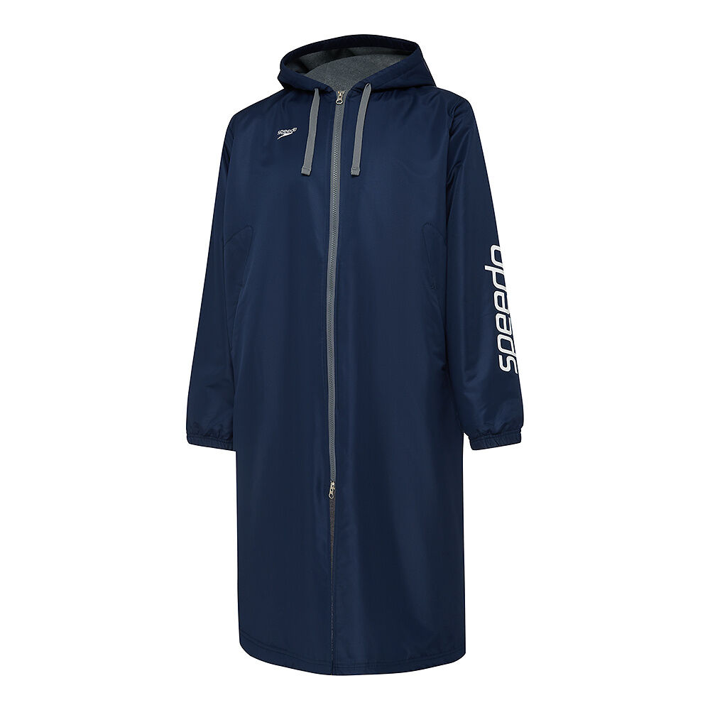 Navy swimming deck coat with grey accents and 'Speedo' brand logo on a white background