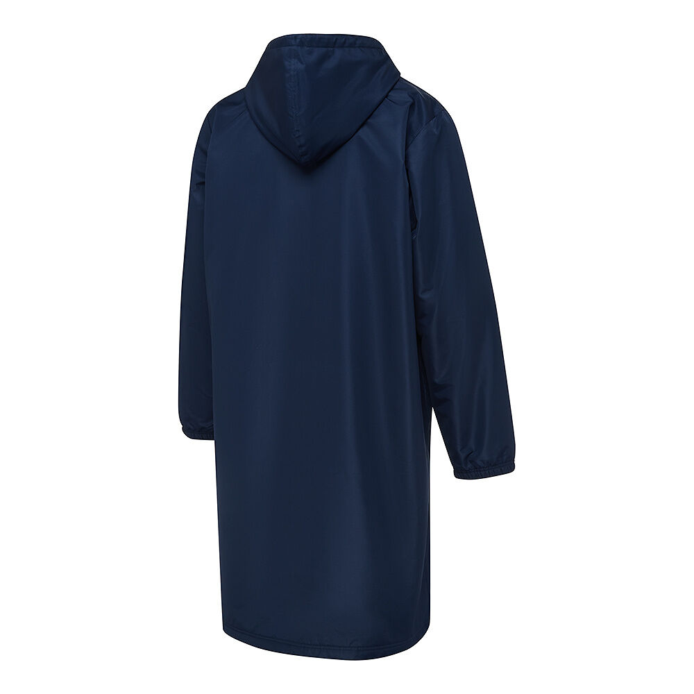 Back view of navy swimming deck coat with grey accents, hood and 'Speedo' brand logo on a white background