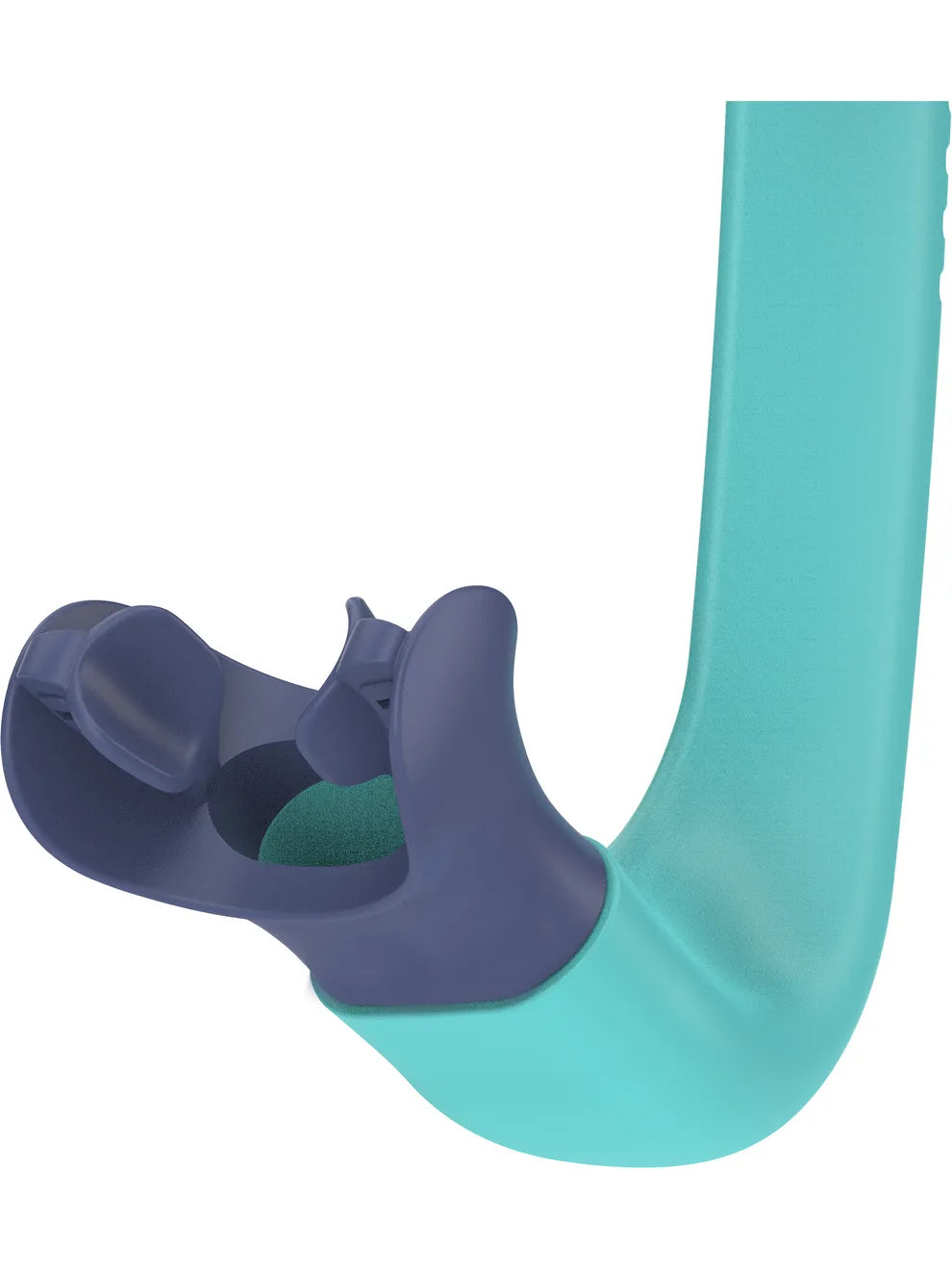 Teal swim snorkel with 'Speedo' branding on a white background showing a close up of the mouthpiece