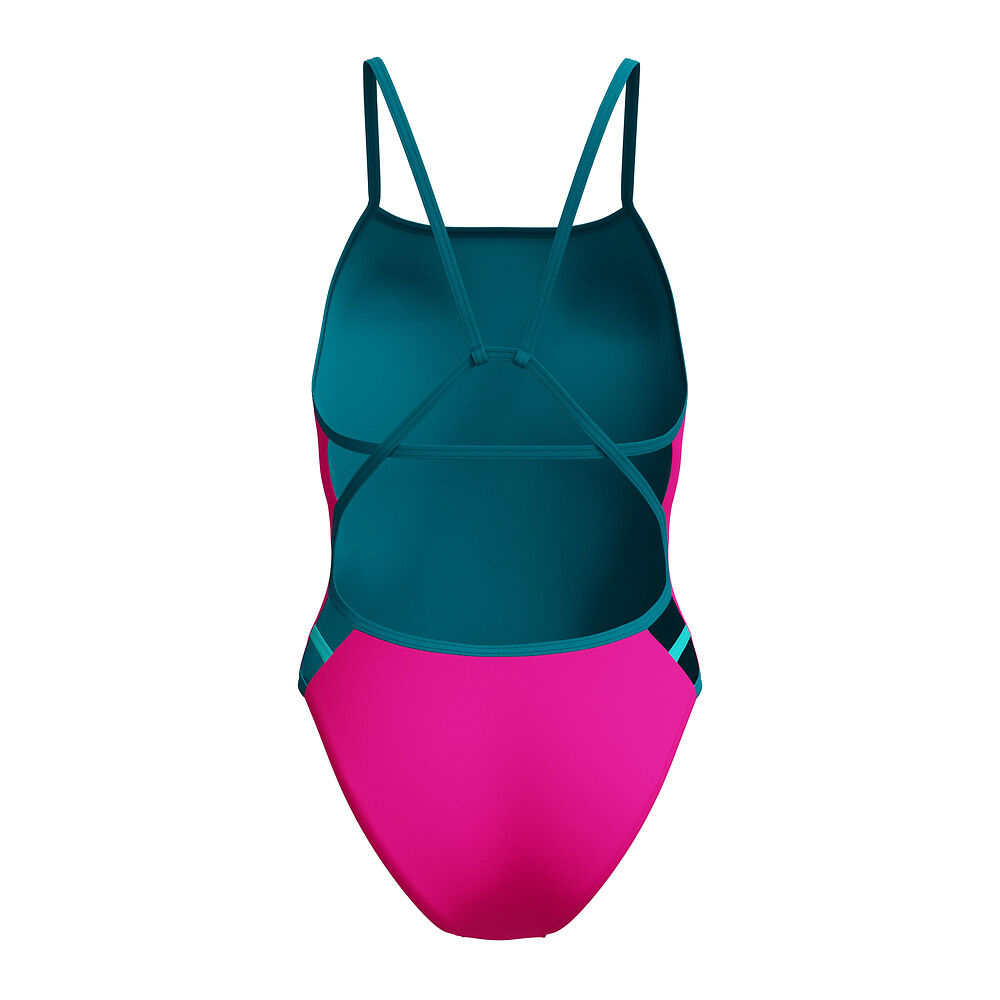 One-piece pink swimsuit with teal lining and strap details on a white background