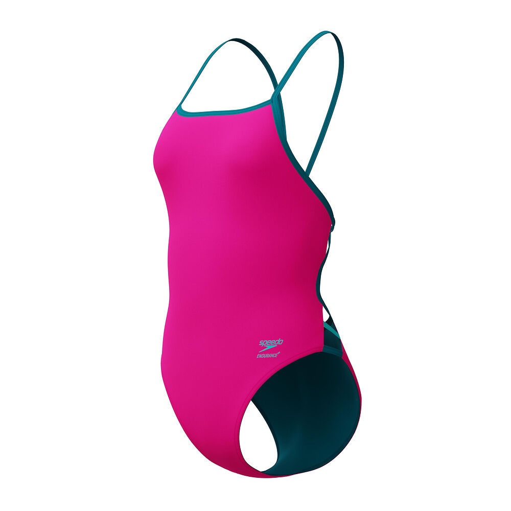 Pink 'SPEEDO' swimsuit with teal straps showing the Speedo logo in teal on a white background
