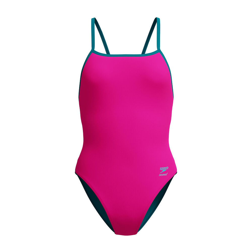 Front view of a 'SPEEDO' pink swimsuit with teal straps on a white background