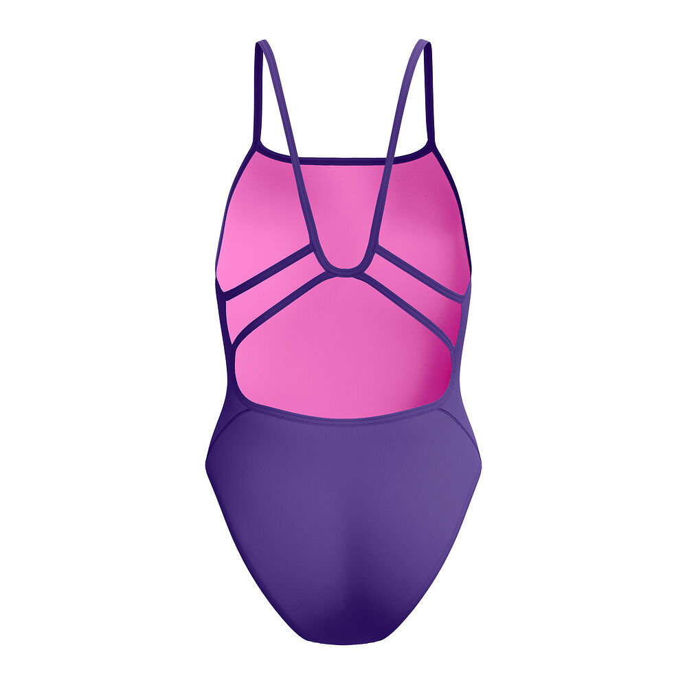 Back view of a purple swimsuit with pink lining and web style cut out design straps on a white background