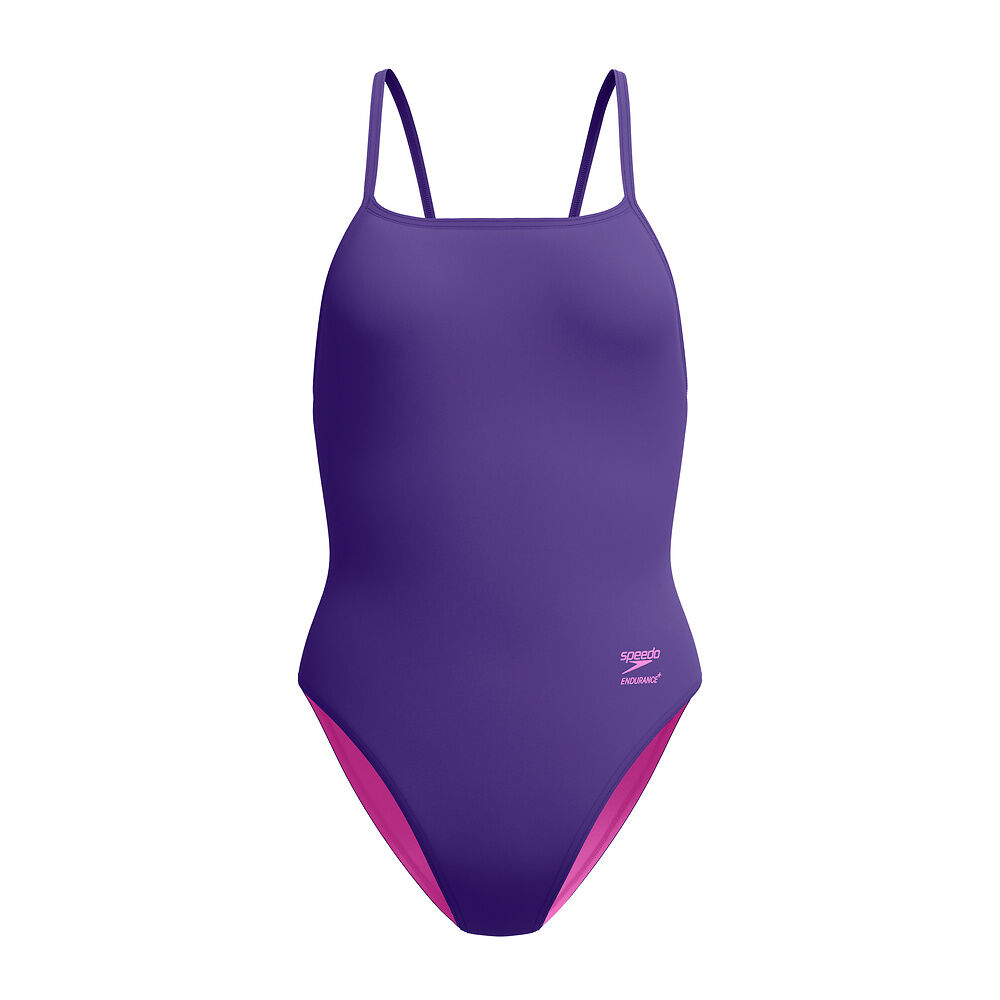 Front view of a purple one piece swimsuit with pink lining on a white background
