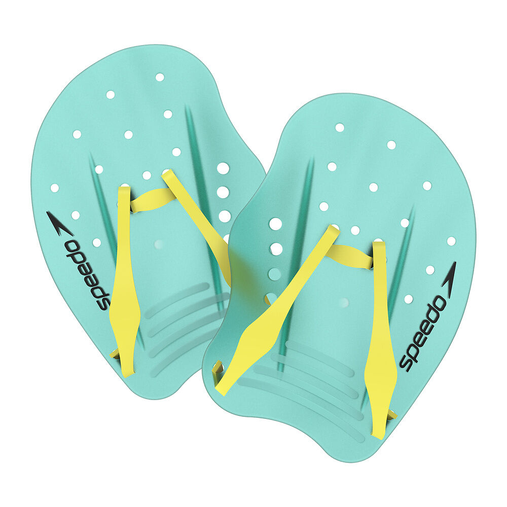 Pair of turquoise swim fins with yellow straps on a white background, featuring 'Speedo' branding.