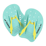 Pair of turquoise swim fins with yellow straps on a white background, featuring 'Speedo' branding.