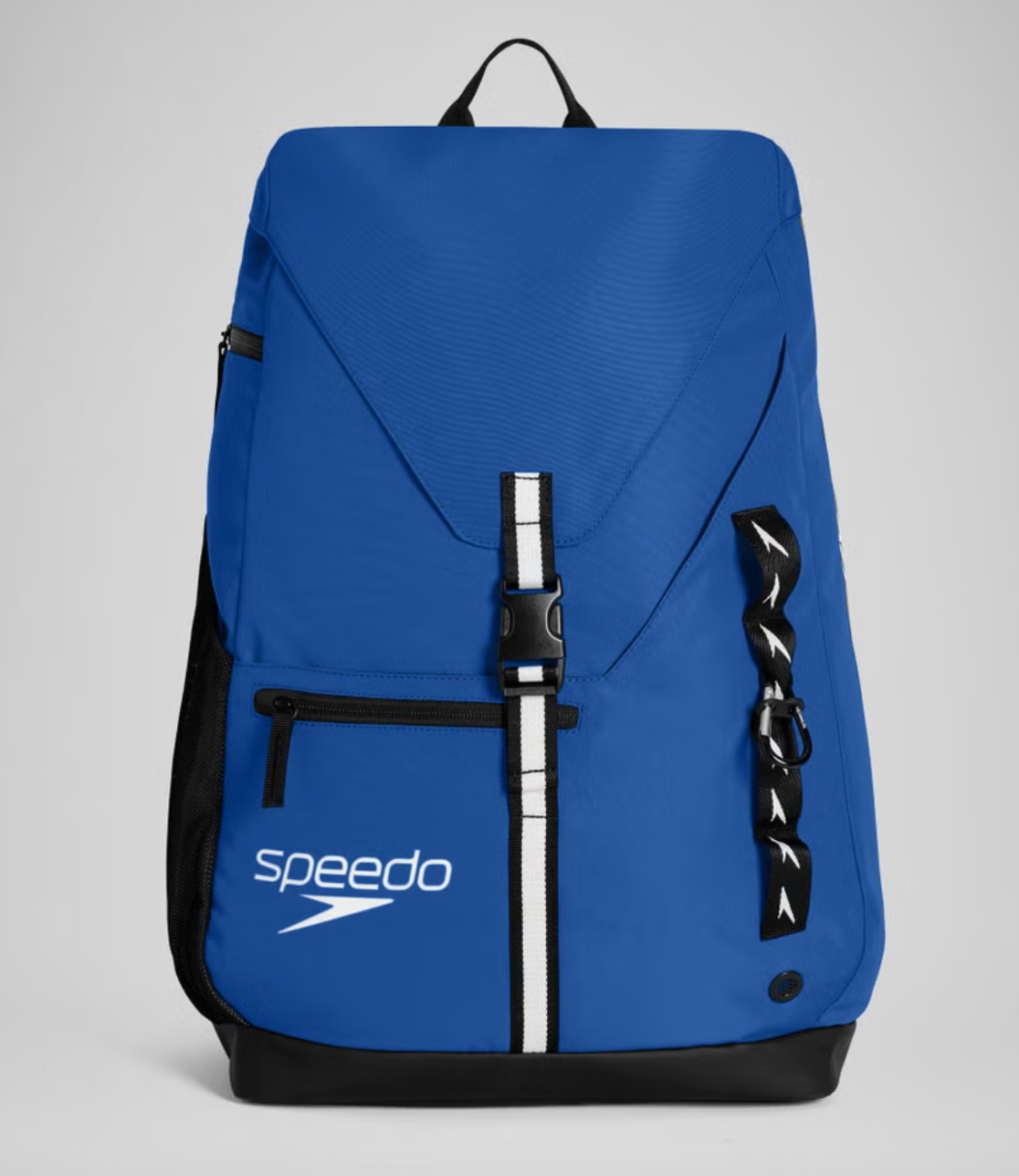 Blue backpack with Speedo logo on a white background showing front zip and bag fastening clip