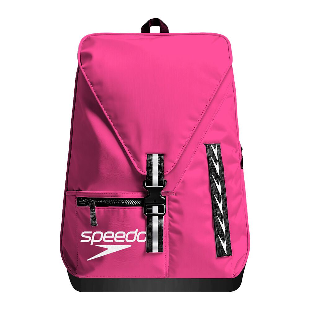 Pink backpack with Speedo logo on a white background showing front zip and bag fastening clip