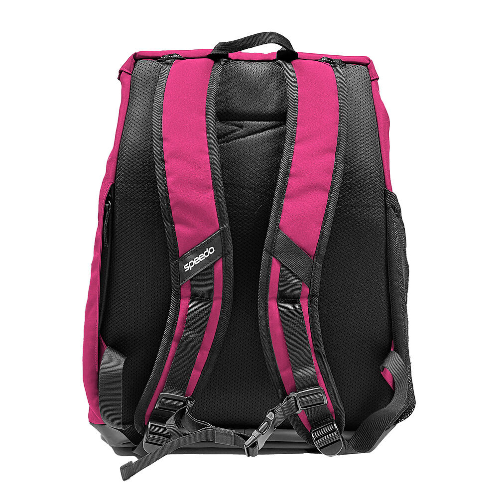 Back view of pink backpack with Speedo logo on shoulder straps