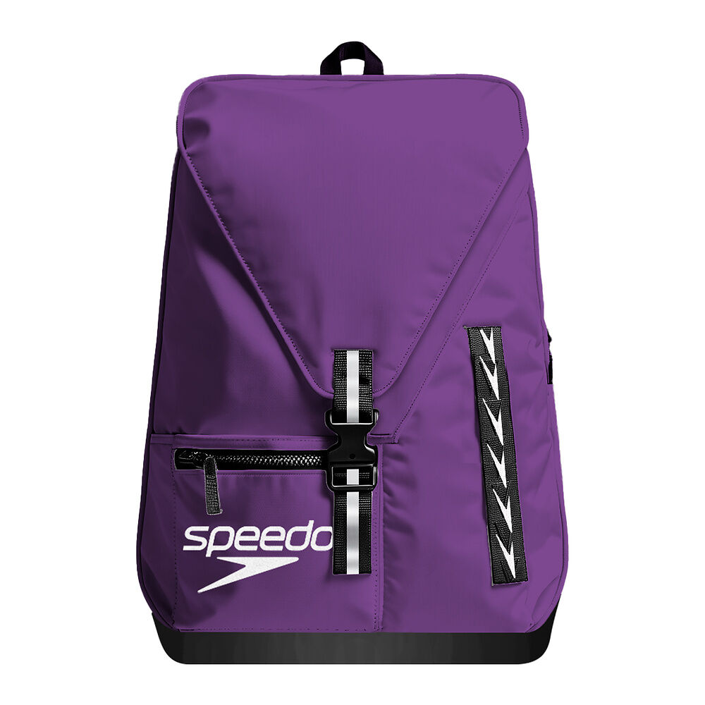 Purple backpack with Speedo logo on a white background showing front zip and bag fastening clip