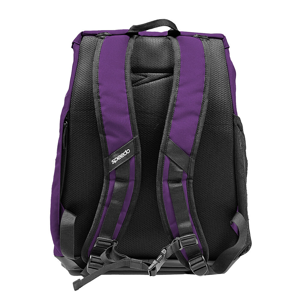 Purple Speedo backpack with black mesh padding, adjustable straps, and side pockets. Logo on strap, durable design.