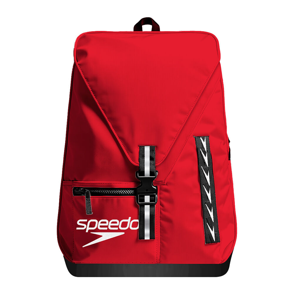 Red backpack with Speedo logo on a white background showing front zip and bag fastening clip