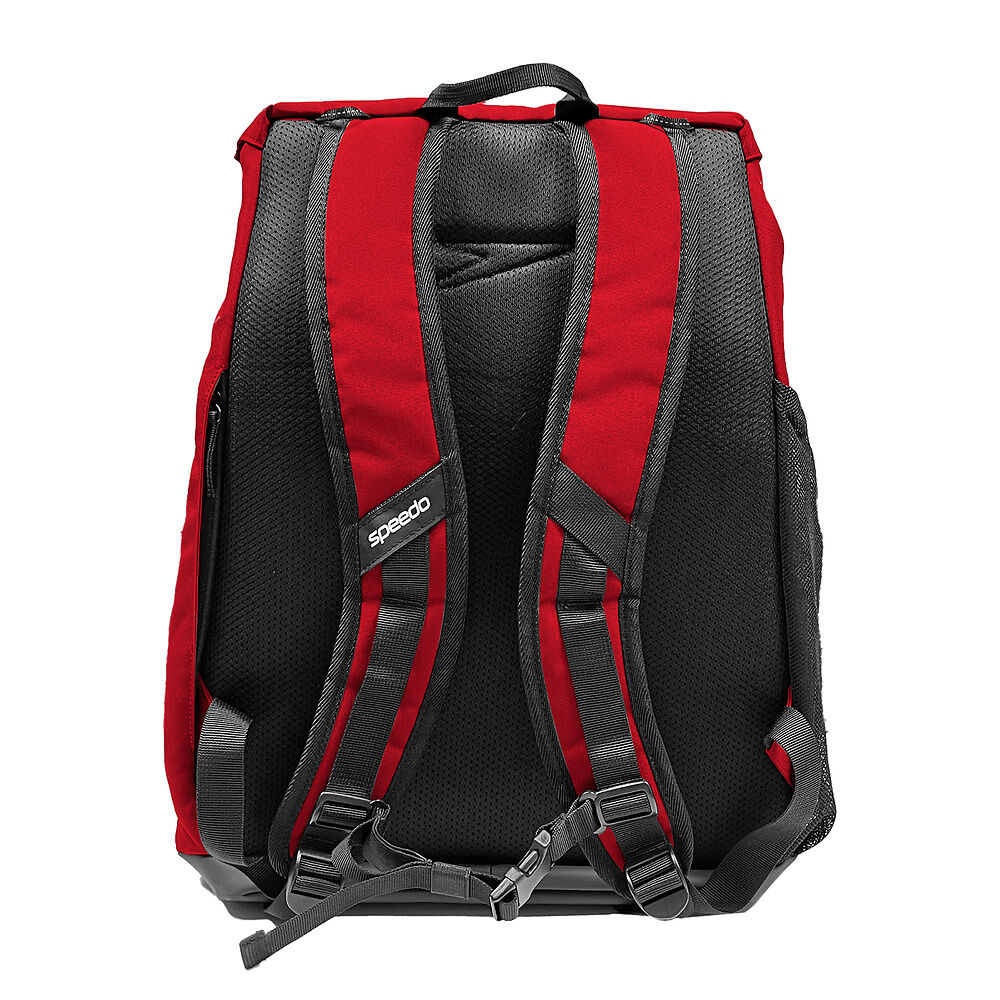 Red and black Speedo backpack with padded straps, mesh back, and adjustable buckles.
