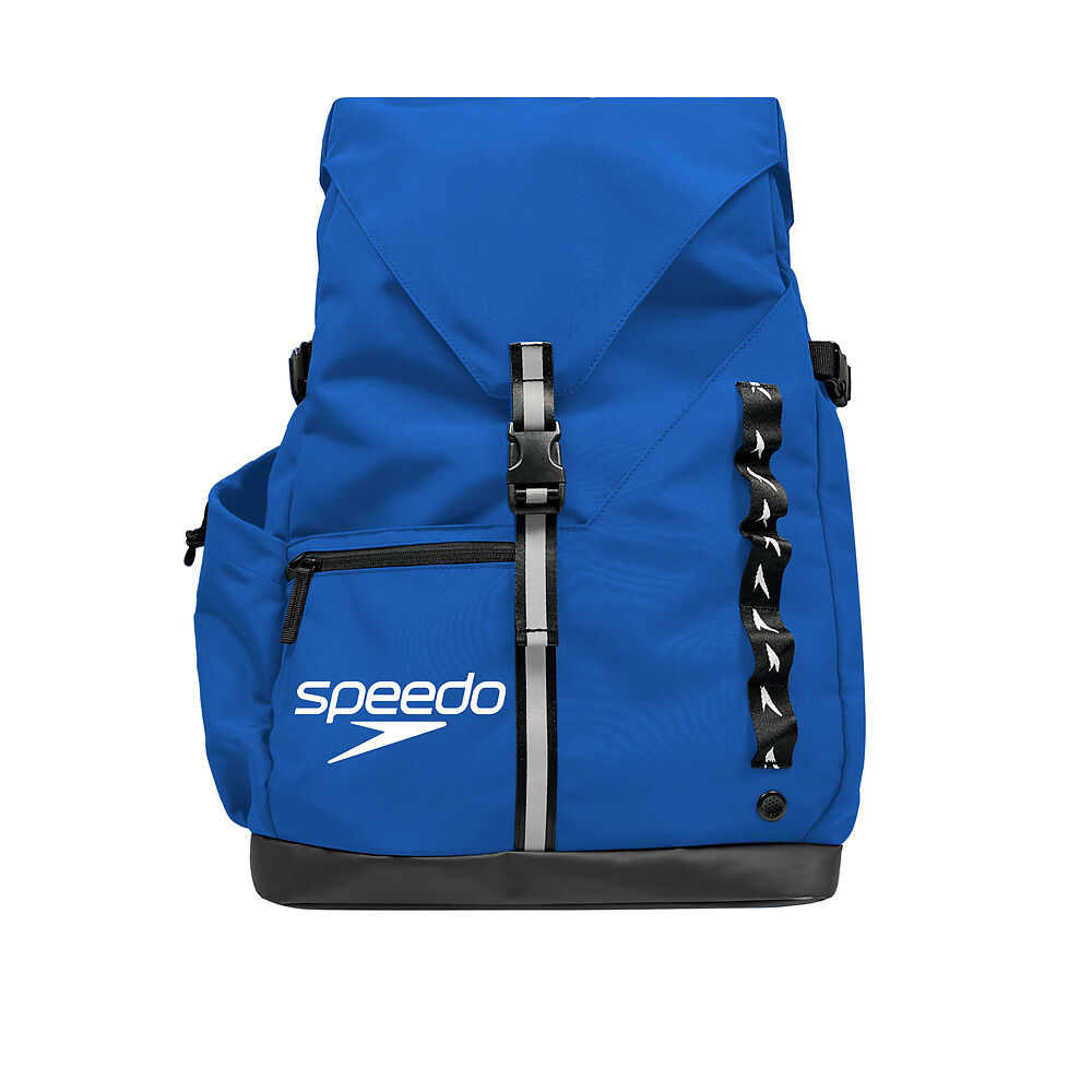 Blue backpack with Speedo logo on a white background showing side pocket and front zip