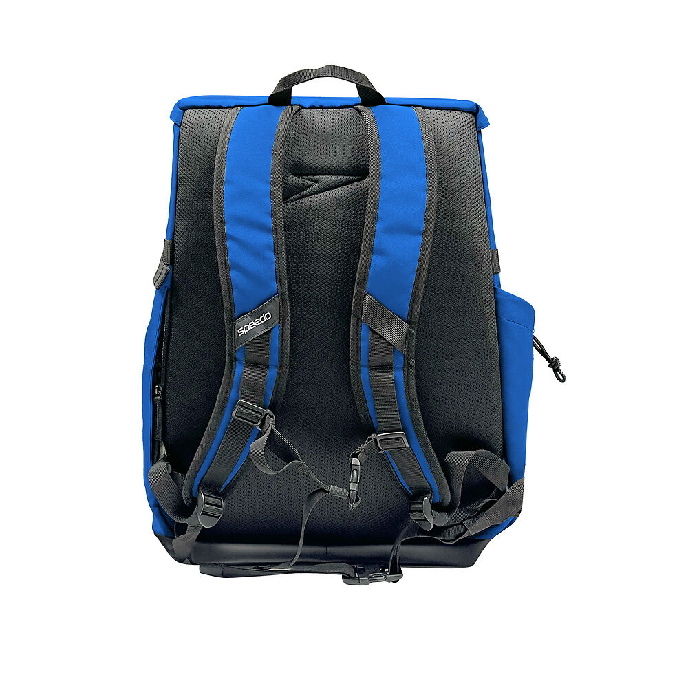 Back view of blue backpack with Speedo logo on shoulder straps
