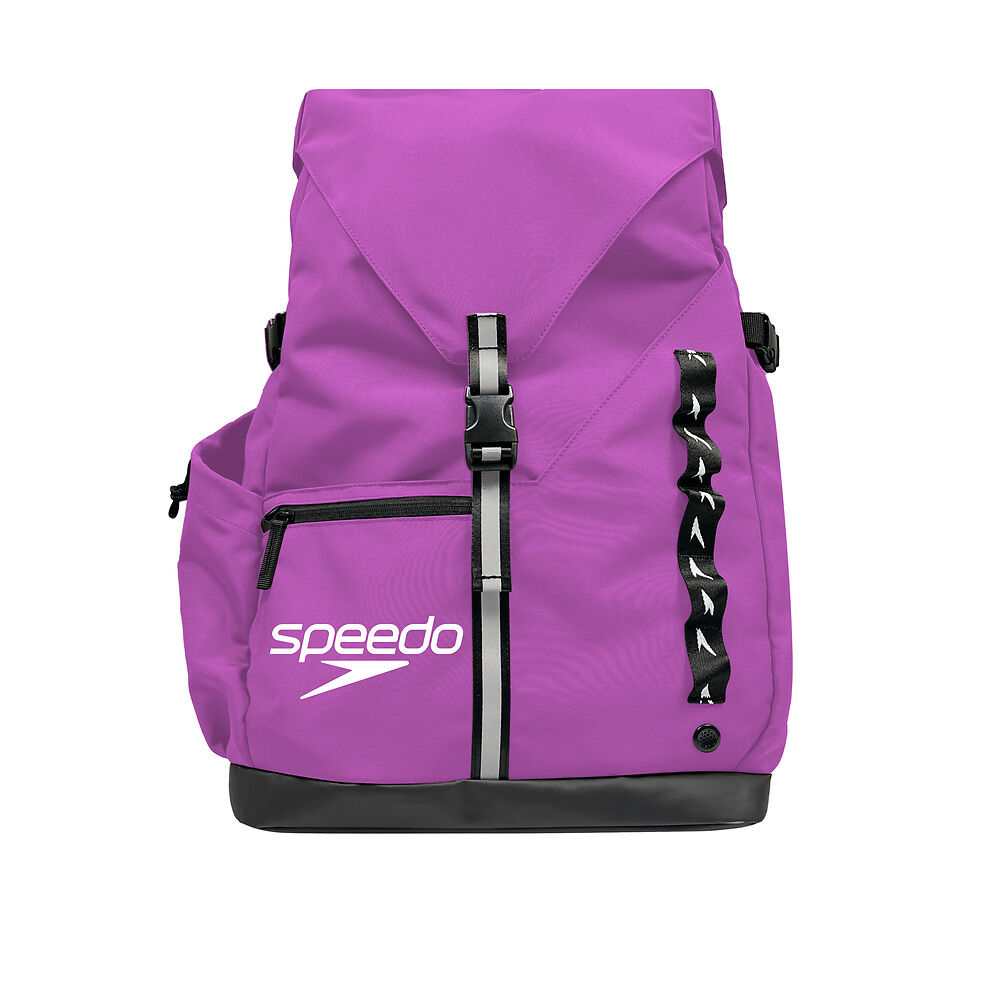 Purple backpack with Speedo logo on a white background showing side pocket and front zip