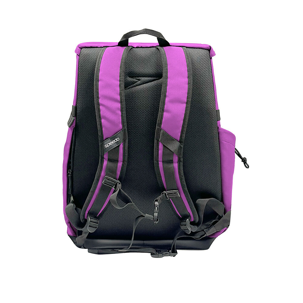 Back view of purple backpack with Speedo logo on shoulder straps