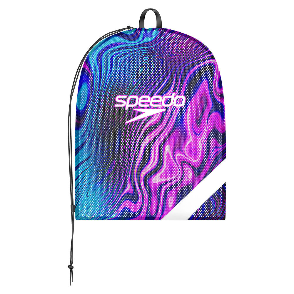 Colourful blue and purple drawstring swim bag with Speedo logo on a white background