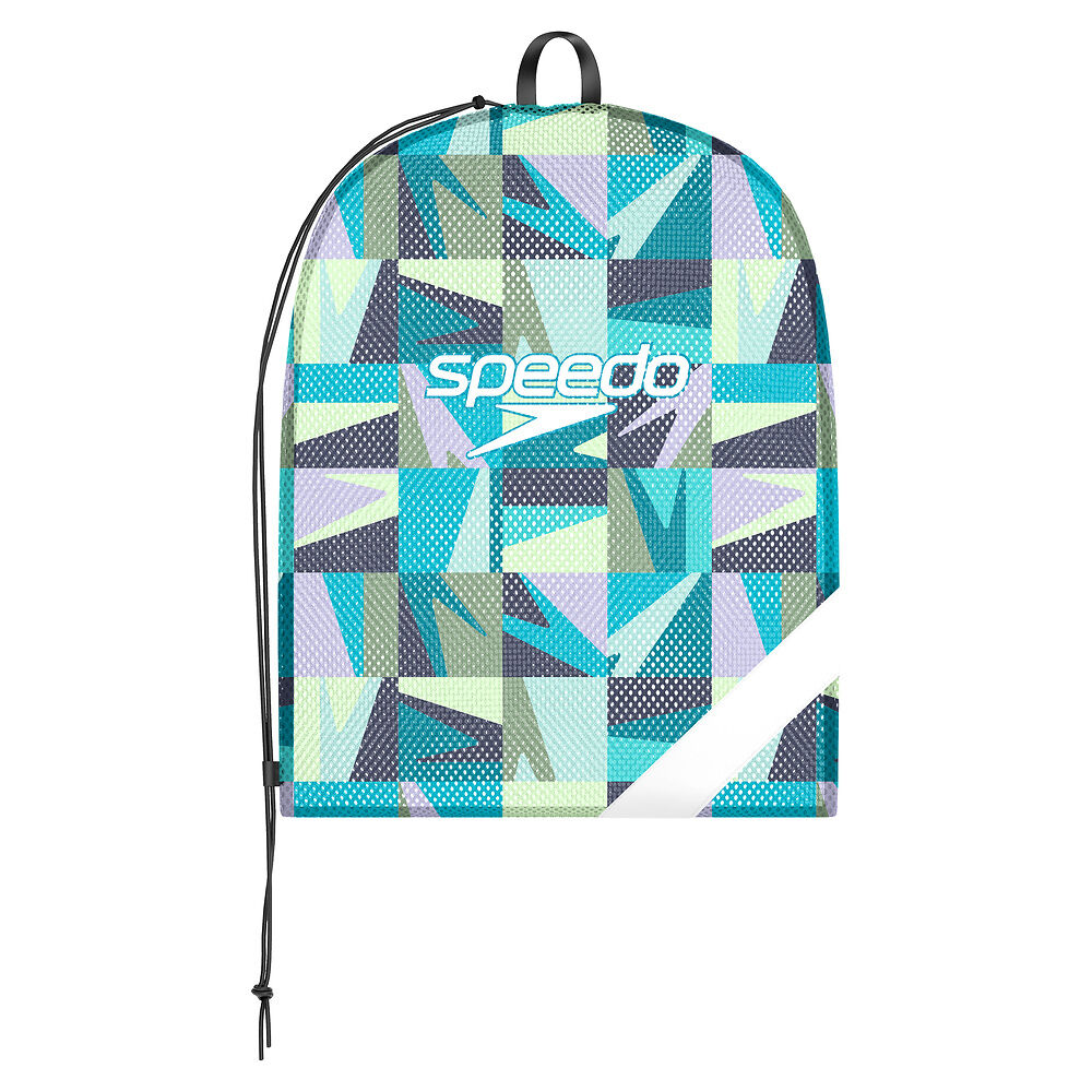 Colourful drawstring swim bag with geometric pattern and Speedo logo on a white background