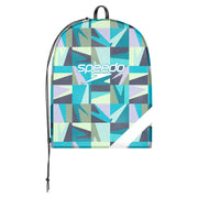 Colourful drawstring swim bag with geometric pattern and Speedo logo on a white background