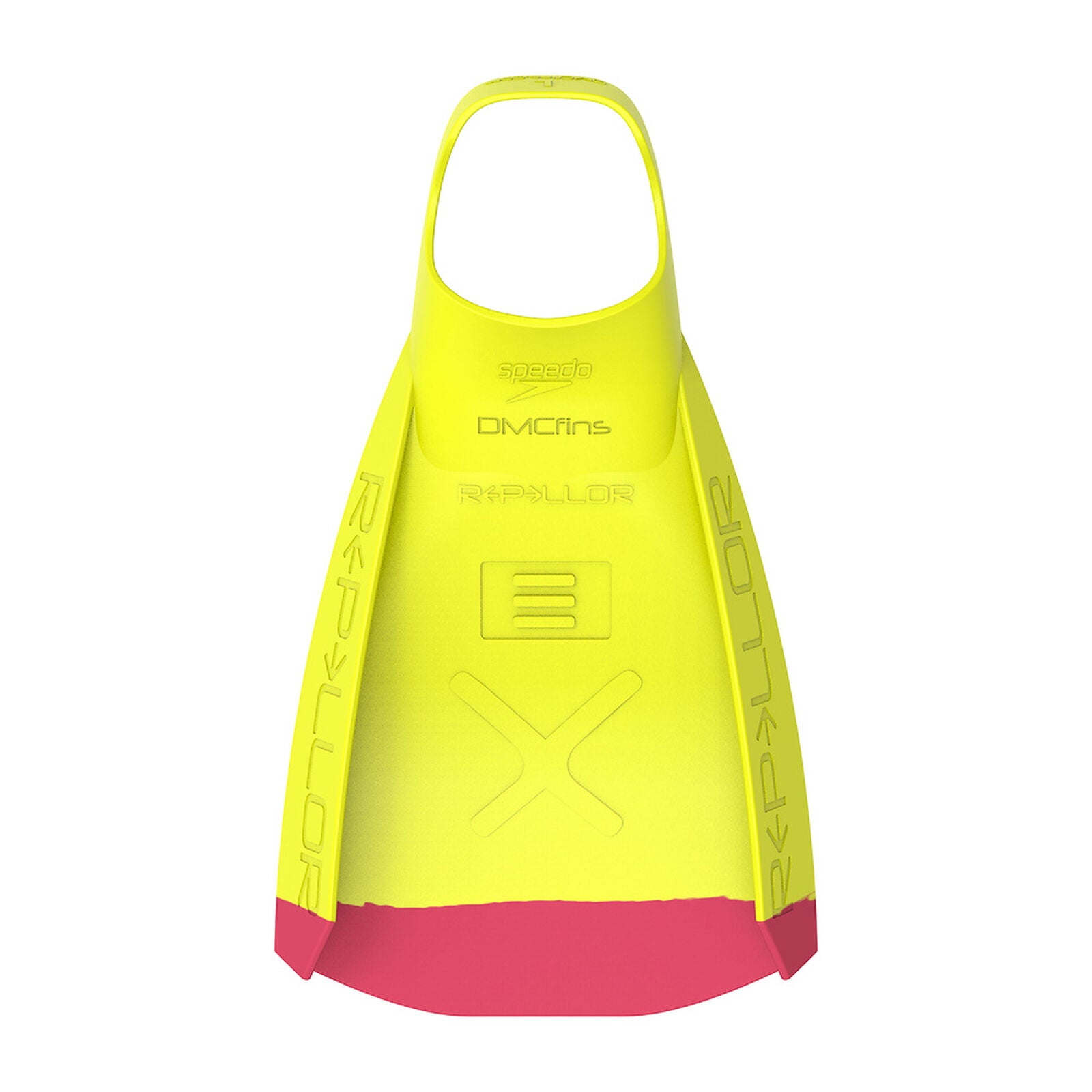 Yellow Speedo DMC  repellor diving fins with red tips on a white background