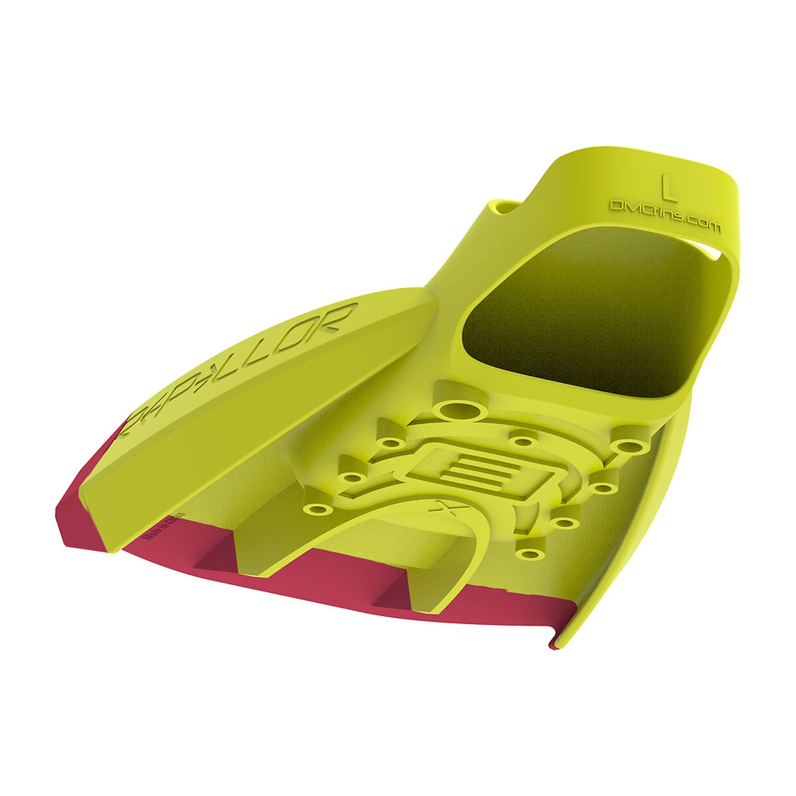 Yellow Speedo DMC  repellor diving fins with red tips on a white background